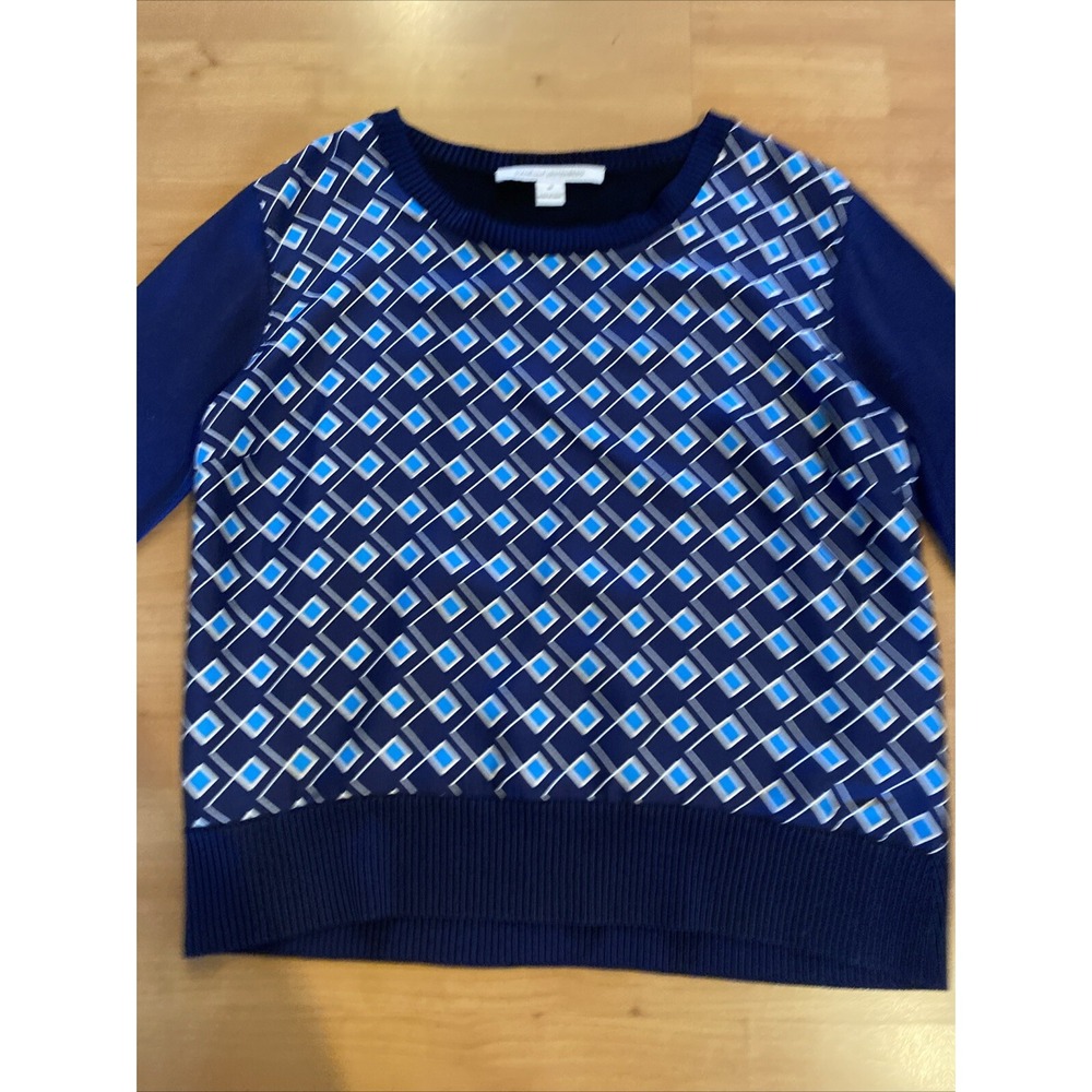 DIANE VON FURSTENBERG Sweater Silk Size M Navy Blue Pullover Classic Preppy - Picture 8 of 16